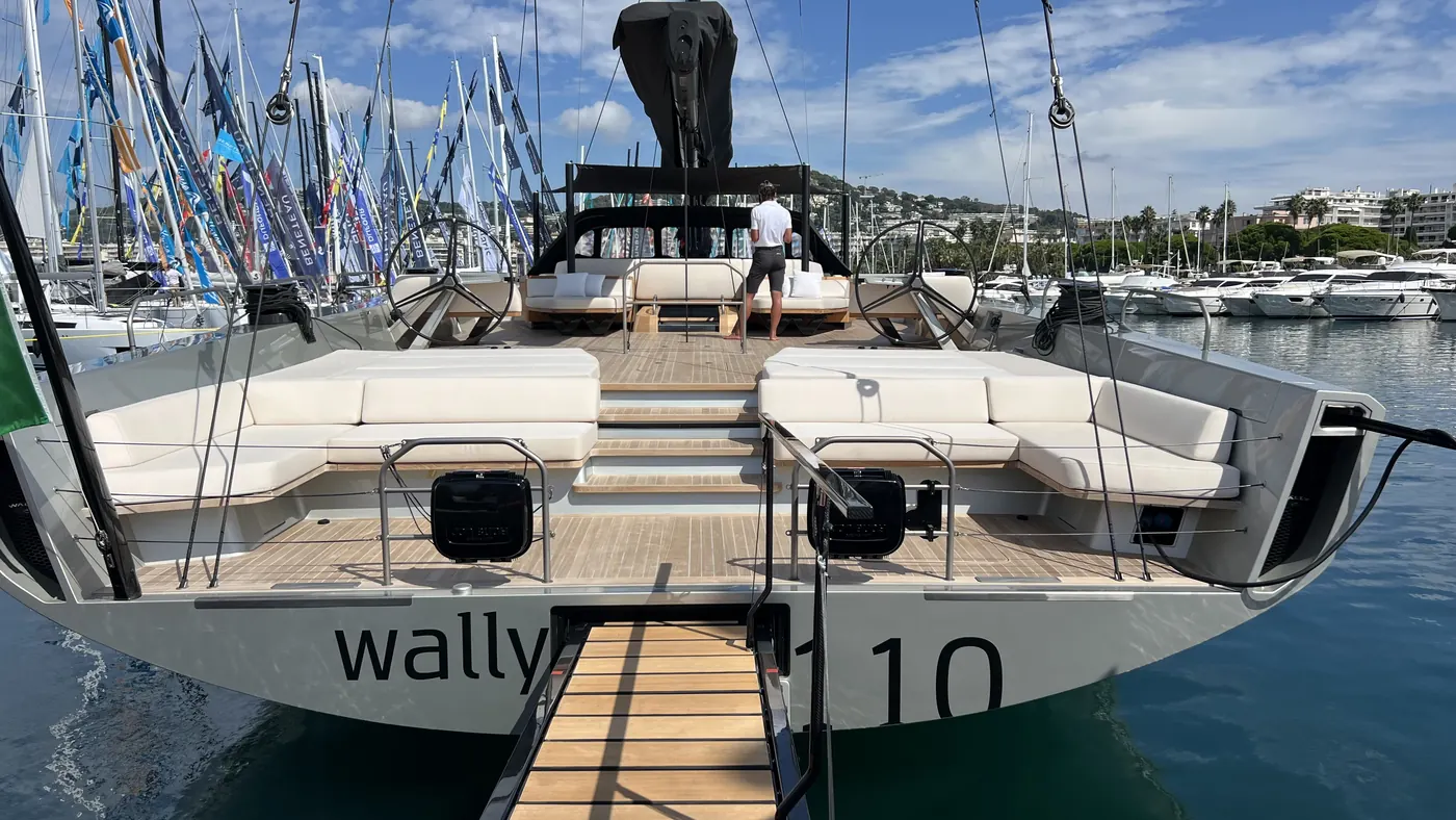 Teak foredeck of a sailing yacht berthed at the Cannes Yachting Festival